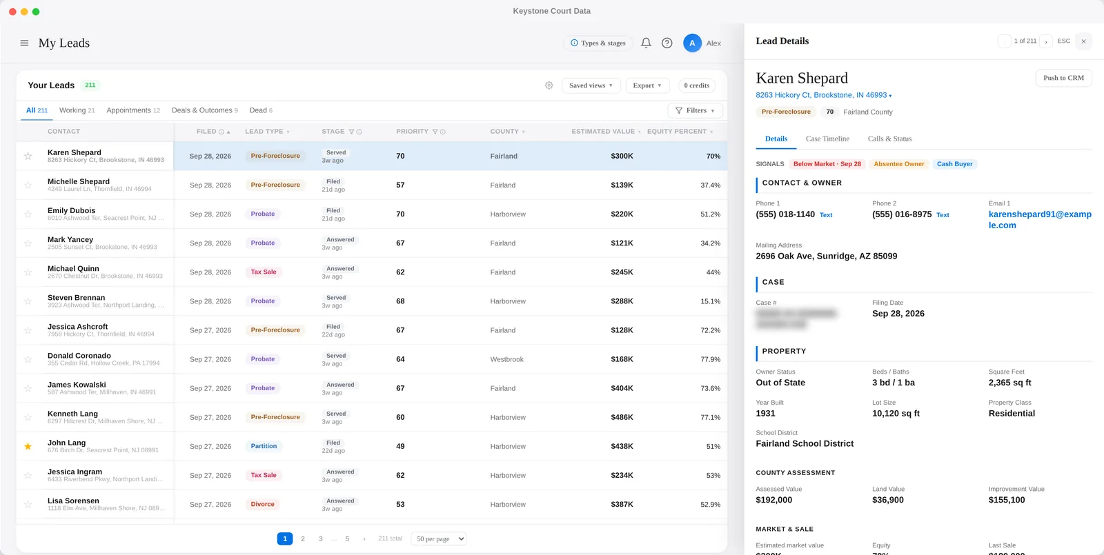 One lead opened in the Keystone dashboard: owner, property and court case (sample account)