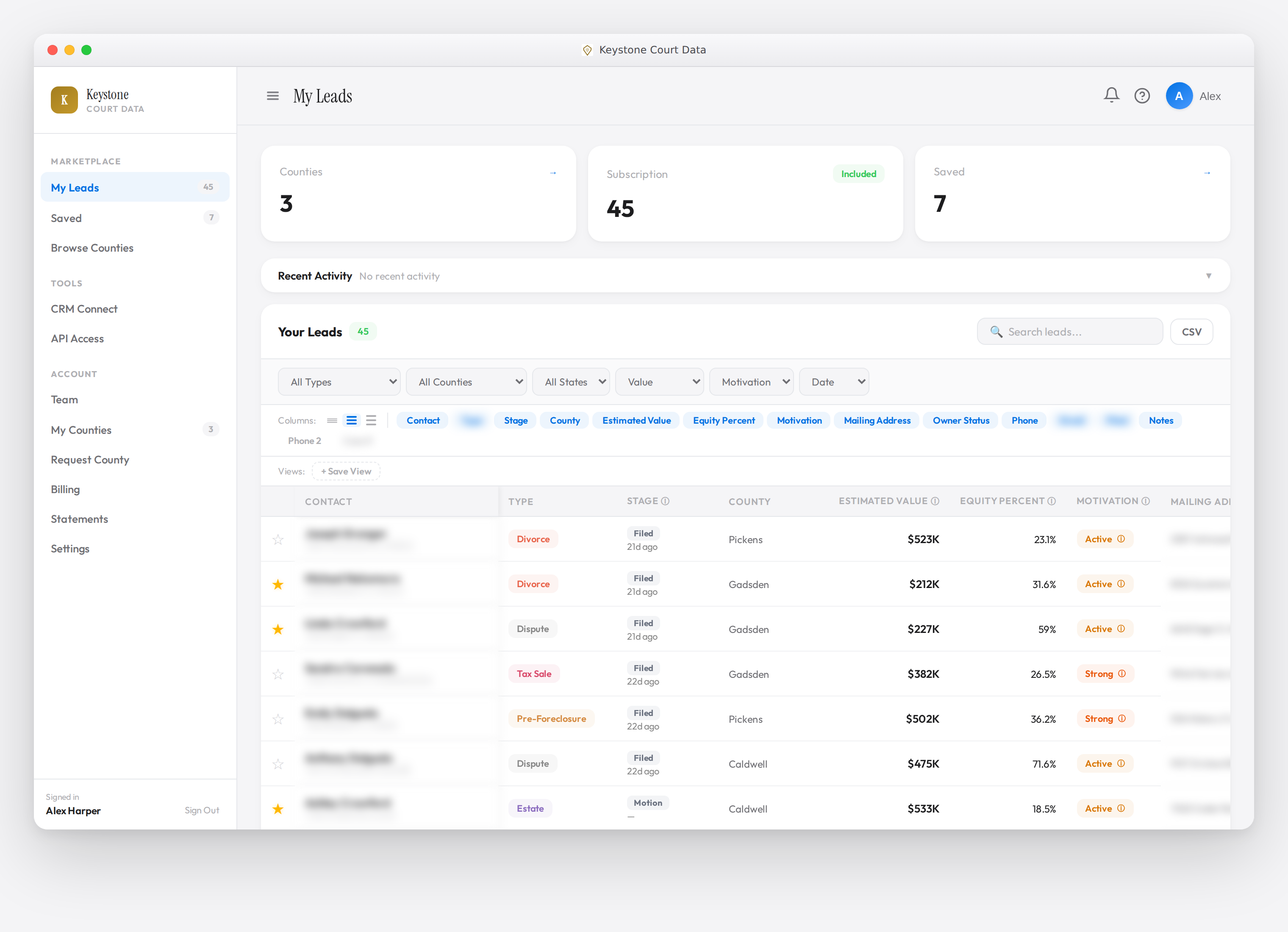 Keystone Court Data dashboard with leads sorted by value, equity, and motivation