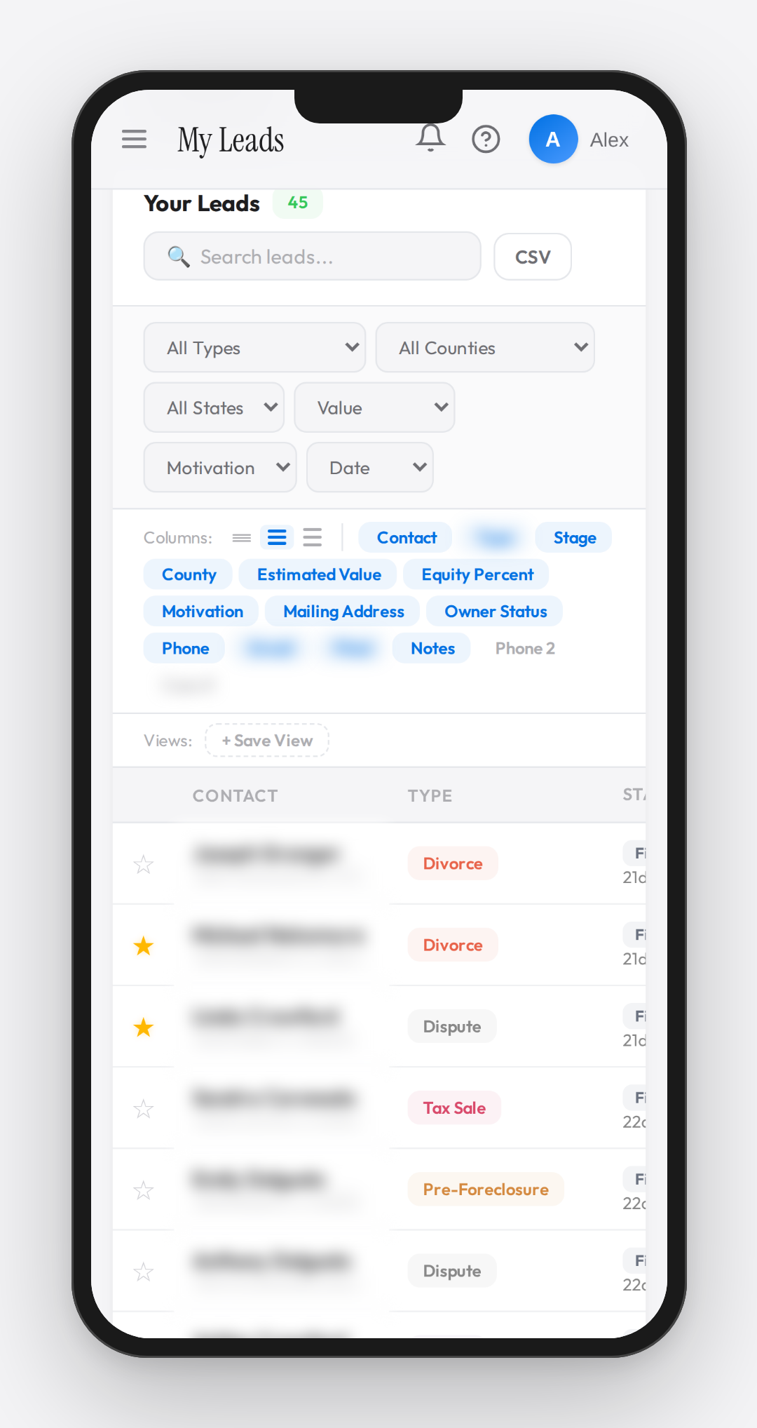 Keystone dashboard on mobile with leads visible the day they're filed